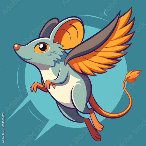 Creative Mouse Flying with Homemade Wings Illustration, Whimsical Fantasy Scene of Adventure, Imagination, and Playful Animal Character in Vector Design