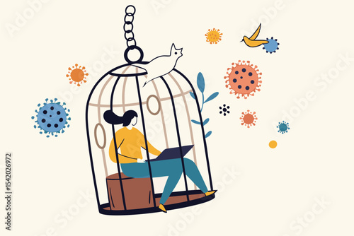 Social distancing, self quarantine and isolation for traveller or person having symptoms on COVID-19 coronavirus flu concept, woman working at home in bird cage pathogens as COVID-19 virus pandemic.