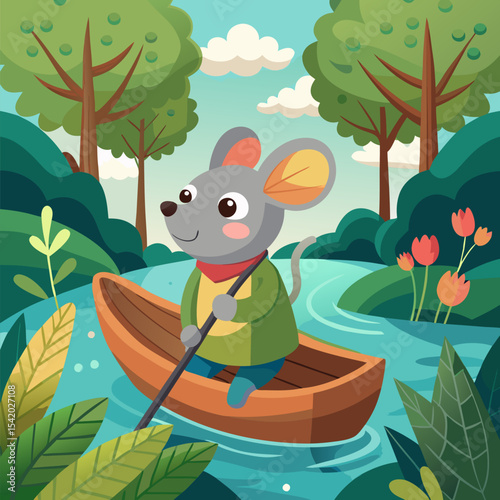 Adorable Mouse Riding a Leaf Boat Down a Gentle Stream Illustration, Whimsical Nature Scene with Fantasy, Adventure, and Creative Vector Concept