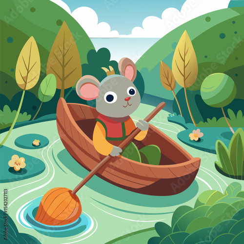Adorable Mouse Riding a Leaf Boat Down a Gentle Stream Illustration, Whimsical Nature Scene with Fantasy, Adventure, and Creative Vector Concept