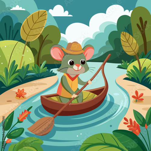 Adorable Mouse Riding a Leaf Boat Down a Gentle Stream Illustration, Whimsical Nature Scene with Fantasy, Adventure, and Creative Vector Concept