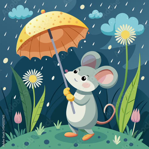Cute Mouse Using a Dandelion as an Umbrella in the Rain Illustration, Whimsical Animal Scene with Nature, Fantasy, and Creative Vector Concept