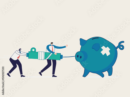 Economic stimulus, QE Quantitative Easing, monetary policy in economic in financial crisis or economic recession, Businessman central bank carrying syringe of money medicine to inject broke piggy bank