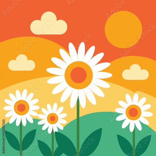 Stylized daisy flowers growing in a colorful landscape under a bright sunny sky