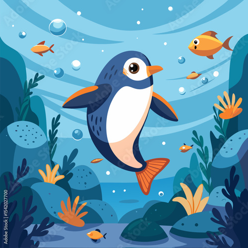 Penguin Diving Underwater Surrounded by Fish for Marine Wildlife Illustration, Nature Scenes, Aquatic Adventure, and Creative Vector Design