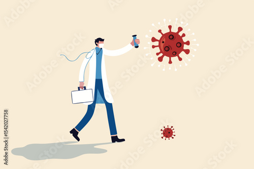 Fighting to stop COVID-19 Coronavirus world pandemic outbreak concept, doctor full protective gear, vaccine box holding infrared thermometer to measure temperature as a gun to fight virus pathogen.