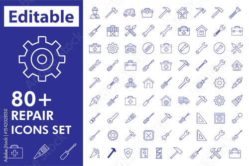 Editable Repair Tools Icon Sets: 80+ Line Style Maintenance and Construction Icons
