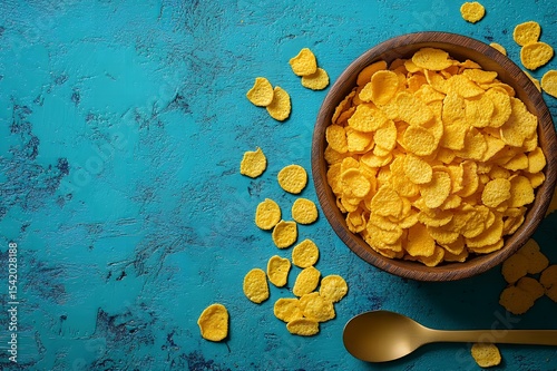 Delicious Golden Cornflakes in Wooden Bowl on Teal Background Healthy Breakfast Cereal