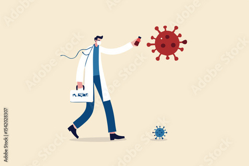 Fighting to stop COVID-19 Coronavirus world pandemic outbreak concept, doctor full protective gear, vaccine box holding infrared thermometer to measure temperature as a gun to fight virus pathogen.