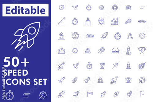 50+ Editable Speed Icons Set—Line Style Rocket, Timer, Arrow & Fast Motion Symbols

