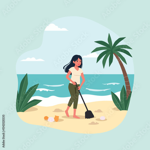 Vector design for World Cleanup Day featuring volunteers cleaning parks, rivers, and beaches, with recycling symbols and nature elements in clean, flat solid color style.