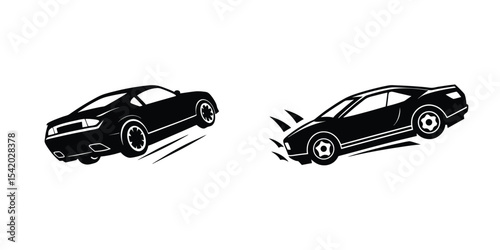 Powerful Sports Car Rear View Skidding Sideways Silhouette on White Background