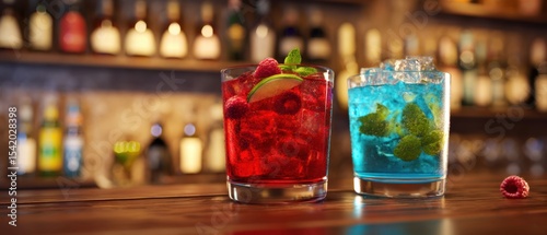 Panel kuchenny z motywem The vibrant drinks on a wooden bar with colorful cocktails and fresh garnishes.