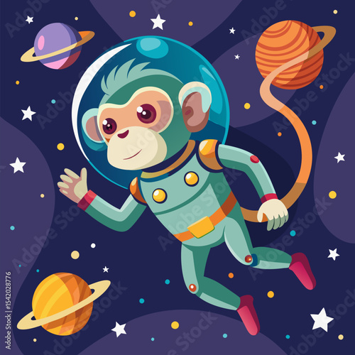 Space Monkey Floating in Zero Gravity for Sci-Fi Illustration, Cosmic Adventure Art, Futuristic Character Design, and Creative Outer Space Vector Scenes