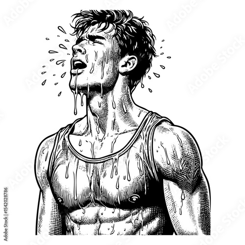 Mans sweating sketch engraving black and white outline. Scratch board imitation.  illustrated in vintage line art style on a white background.