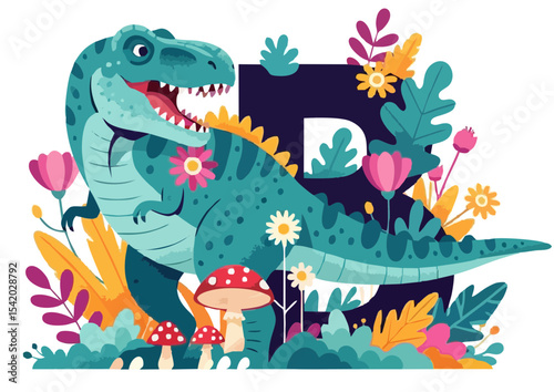 Colorful dinosaur and letter B design with flowers and leaves on transparent background copy space