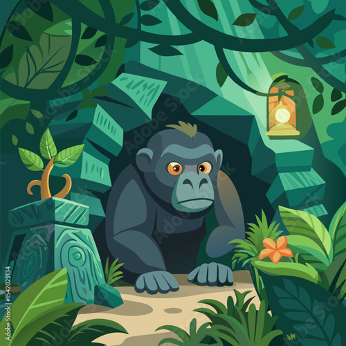 Young Gorilla Exploring a Hidden Cave Filled with Mysterious Crystals for Wildlife Illustration, Adventure Art, Fantasy Scenes, and Creative Vector Design