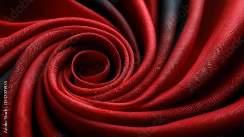 Spiral swirled red fabric with texture that fades into dark tones creating an abstract pattern on a dark background