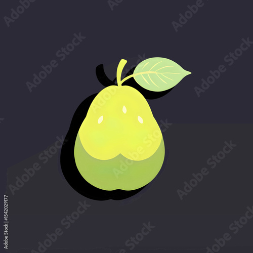 A stylized green and yellow pear with a leaf stands out against a dark backdrop