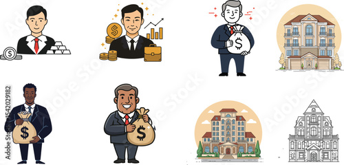 Wealthy Businessmen with Money and Buildings