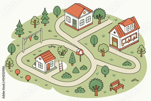 Cute tiny town vector map with houses, trees, pathways, and playground