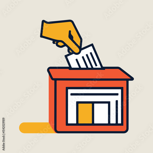Democracy vector design with transparent ballot box, raised hands crowd, megaphone speech bubbles, and stylized flag symbolizing national pride and democratic values in solid color style.