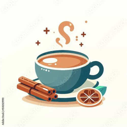 A stylized depiction of a teacup with steam cinnamon sticks and a citrus slice set against a light backdrop