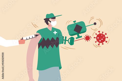 Coronavirus COVID-19 vaccine research and test or treatment concept, doctor holding syringe of COVID-19 vaccine planting on patient with magic hand holding hammer eliminating virus pathogen.