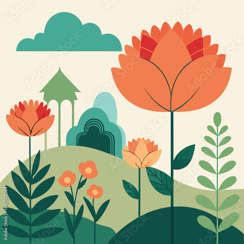 Stylized garden scene depicting blooming flowers and serene landscape in flat design