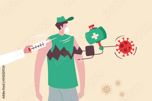 Coronavirus COVID-19 vaccine research and test or treatment concept, doctor holding syringe of COVID-19 vaccine planting on patient with magic hand holding hammer eliminating virus pathogen.