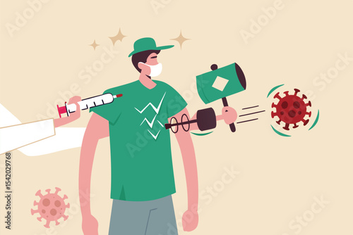 Coronavirus COVID-19 vaccine research and test or treatment concept, doctor holding syringe of COVID-19 vaccine planting on patient with magic hand holding hammer eliminating virus pathogen.