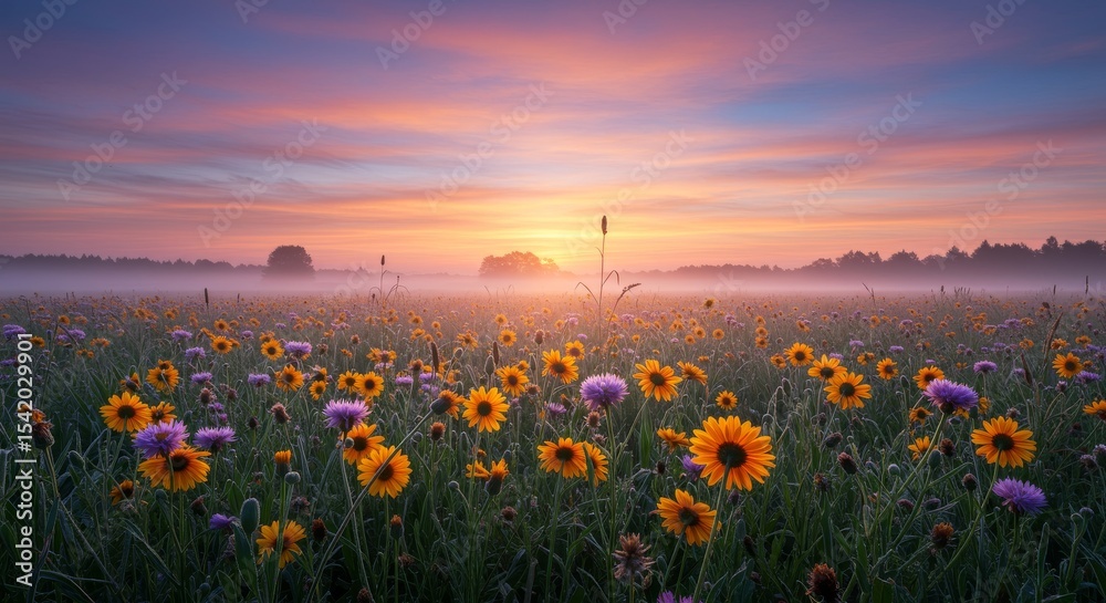 Obraz premium Field of wildflowers captured during sunrise with sunlight illuminating petals from behind