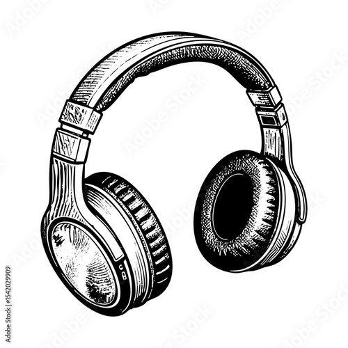 Headphone engraving black and white outline. Scratch board imitation.  illustrated in vintage line art style on a white background.