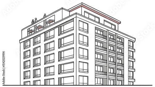 Illustration of a multi story building with balconies and people on the roof in black and white style