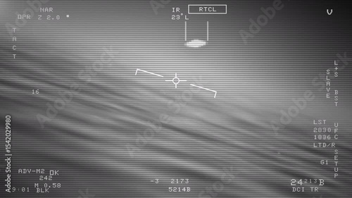 POV of Navy jet following a UFO flying saucer in the sky over ocean waters. Point of view found footage from military aircraft tracking an unidentified flying object or spaceship cruising the sky