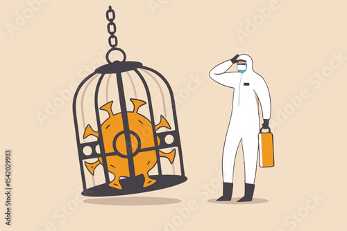 Coronavirus COVID-19 lockdown or quarantine, restricted access to country combat with COVID-19 virus outbreak concept, medical worker full protective gear with key after locked virus pathogen in cage