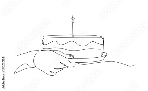 Continuous line of people hand holding creamy sweet birthday cake with candle and topping. Traditional birthday bakery dessert for party. Editable stroke sketch drawing vector illustration