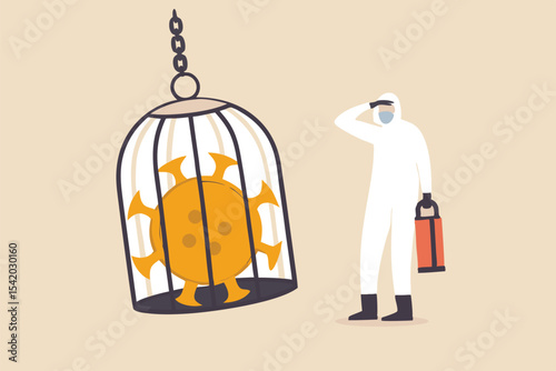 Coronavirus COVID-19 lockdown or quarantine, restricted access to country combat with COVID-19 virus outbreak concept, medical worker full protective gear with key after locked virus pathogen in cage