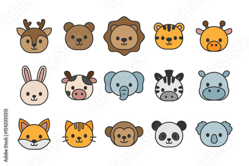Vector illustration of Cute Animal Head theme icons in Solid Line Style