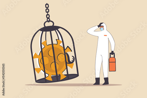 Coronavirus COVID-19 lockdown or quarantine, restricted access to country combat with COVID-19 virus outbreak concept, medical worker full protective gear with key after locked virus pathogen in cage
