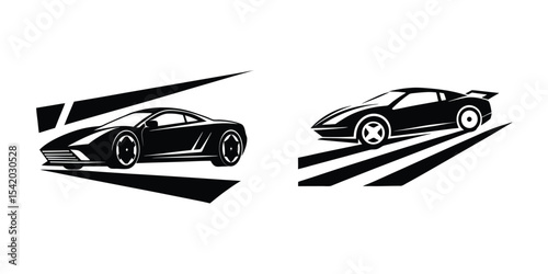 Luxurious Sports Car Angled View Soaring Past Finish Silhouette on White Background