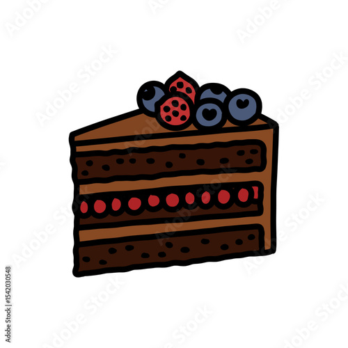 Delicious Slice of Chocolate Cake with Berries, Hand Drawn Illustration on White