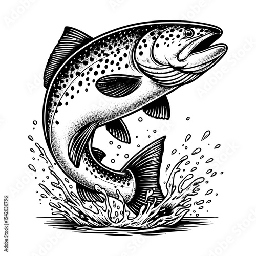 salmon sketch engraving black and white outline. Scratch board imitation.