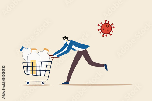 Panic buy in COVID-19 Coronavirus outbreak crisis, people hoarding on curfew and lockdown concept, panic man running in fear with full of goods, medicine, tissues in shopping cart with virus pathogen.