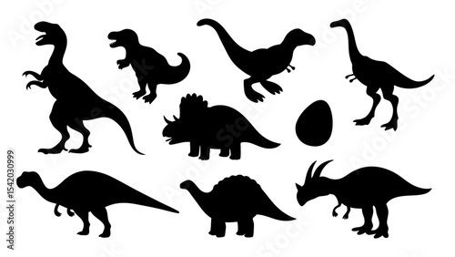 Vector illustration of dinosaur silhouette including Stegosaurus, Brontosaurus, Velociraptor, Triceratops, Tyrannosaurus rex