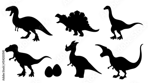 Vector illustration of dinosaur silhouette including Stegosaurus, Brontosaurus, Velociraptor, Triceratops, Tyrannosaurus rex