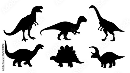 Vector illustration of dinosaur silhouette including Stegosaurus, Brontosaurus, Velociraptor, Triceratops, Tyrannosaurus rex
