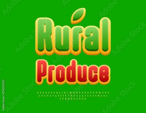 Vector Ecologic signboard Rural Produce. Elegant Green Font. Trendy Alphabet Letters and Numbers set.