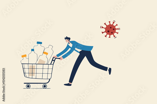 Panic buy in COVID-19 Coronavirus outbreak crisis, people hoarding on curfew and lockdown concept, panic man running in fear with full of goods, medicine, tissues in shopping cart with virus pathogen.