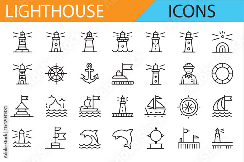 Vector Maritime Icons Including Lighthouse, Ships, and Navigation Tools